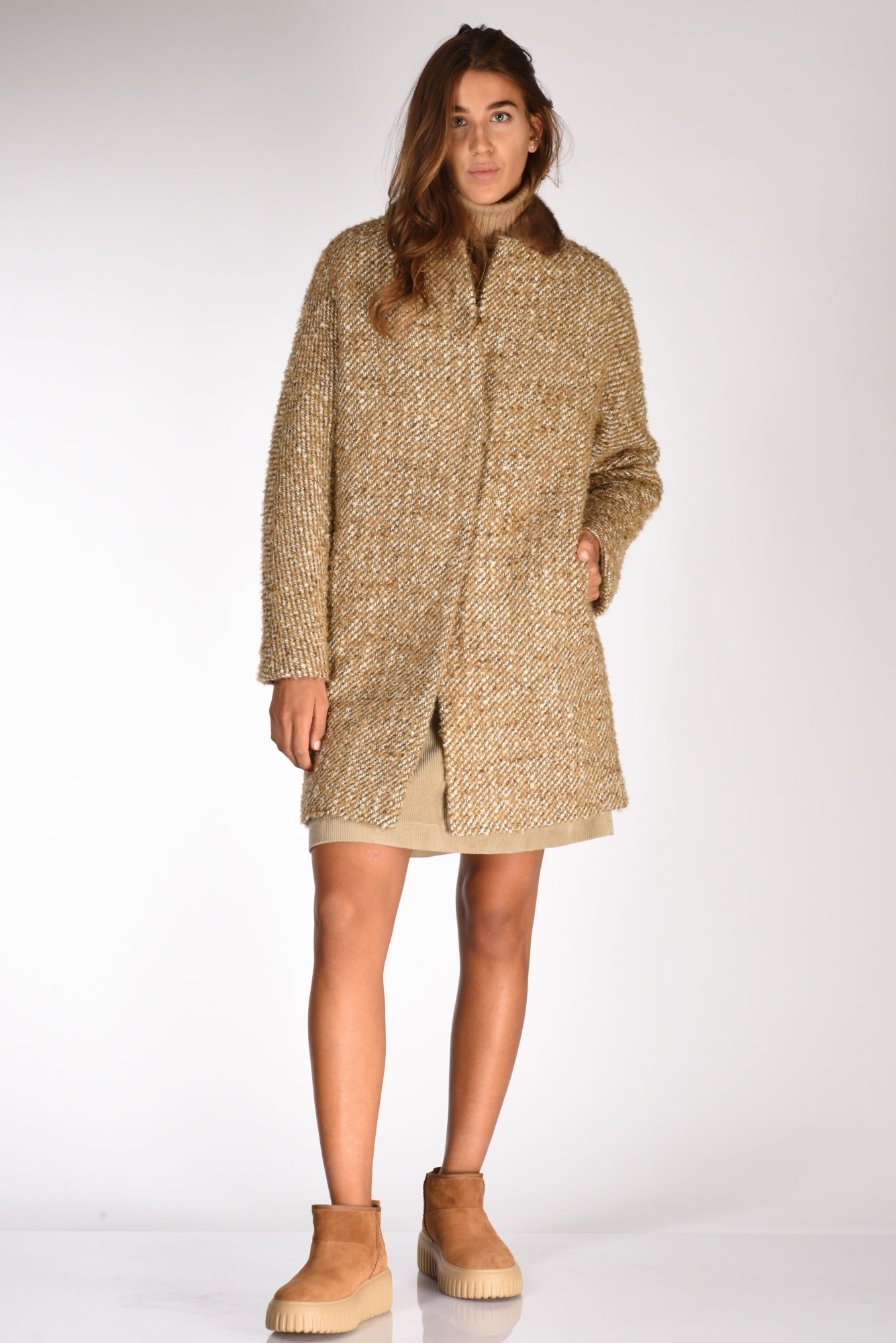 Mouche Cappotto Colletto Beige Melange Donna