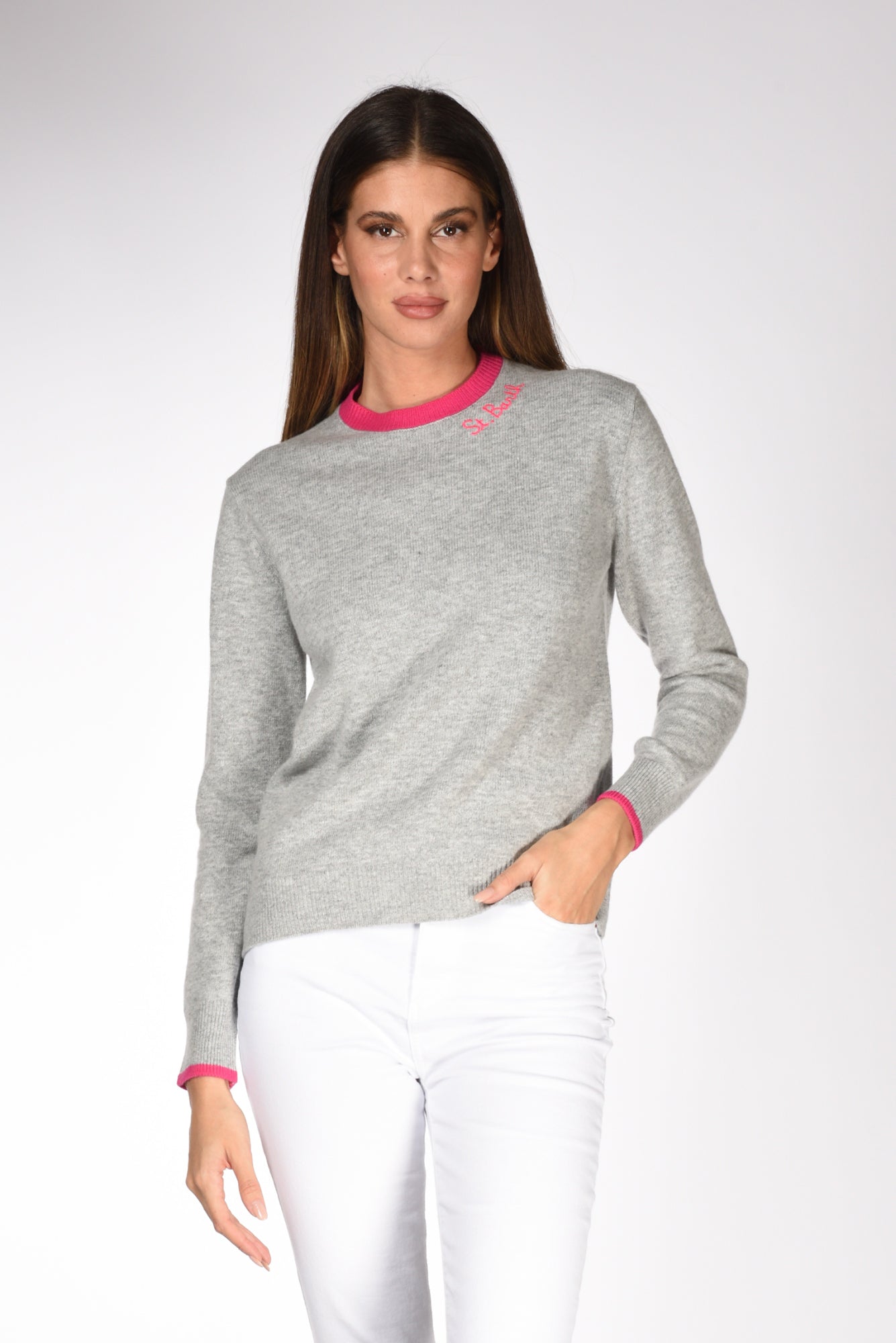 Mc2 Saint Barth Maglia Girocollo Grigio/fucsia Donna